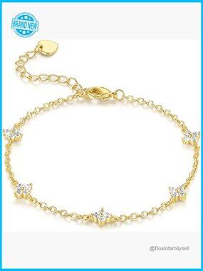 14K Gold Plated Flower Bracelet Dainty Chain Adjustable Lobster Clasp Cubic
